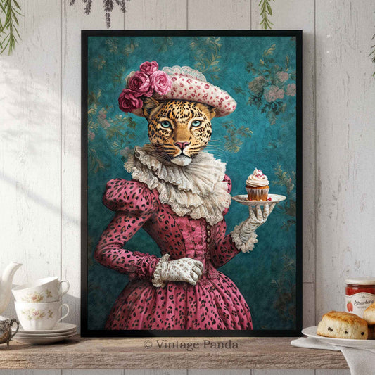 Framed artwork of a leopard in a pink dress holding a cupcake on a wooden surface with tea set and pastries.
