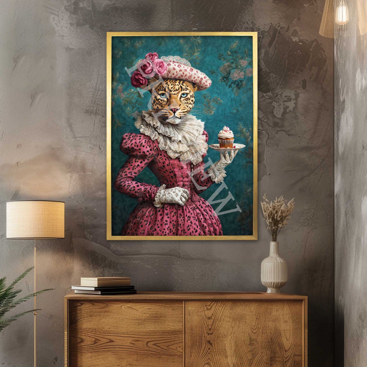 Leopard_with_Cupcake_Gold_Frame_-_Vintage_Panda_Designs
