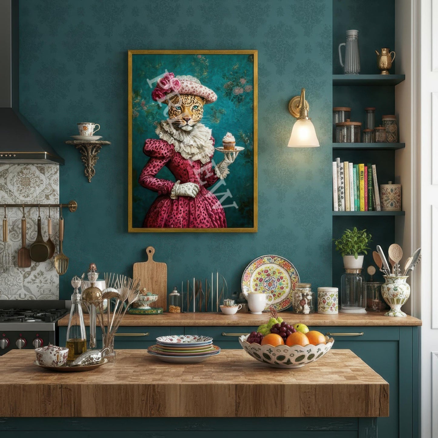 Leopard_with_Cupcake_in_Gold_Frame_in_Retro_Maximalist_Kitchen_Artwork_and_Image_by_and_Copyright_of_Vintage_Panda_Designs