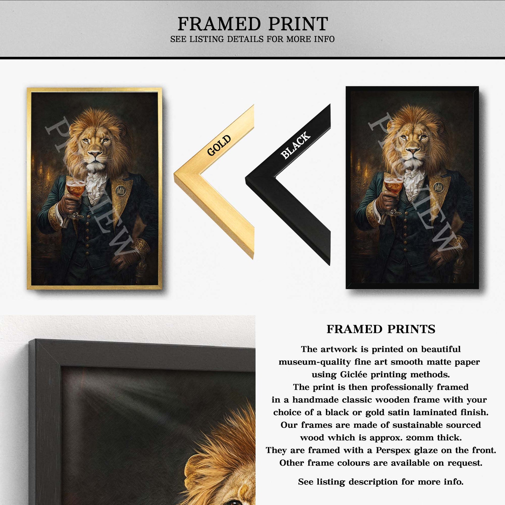 Lion Drinking Bourbon Wall Art Framed Print - Vintage Panda Designs
