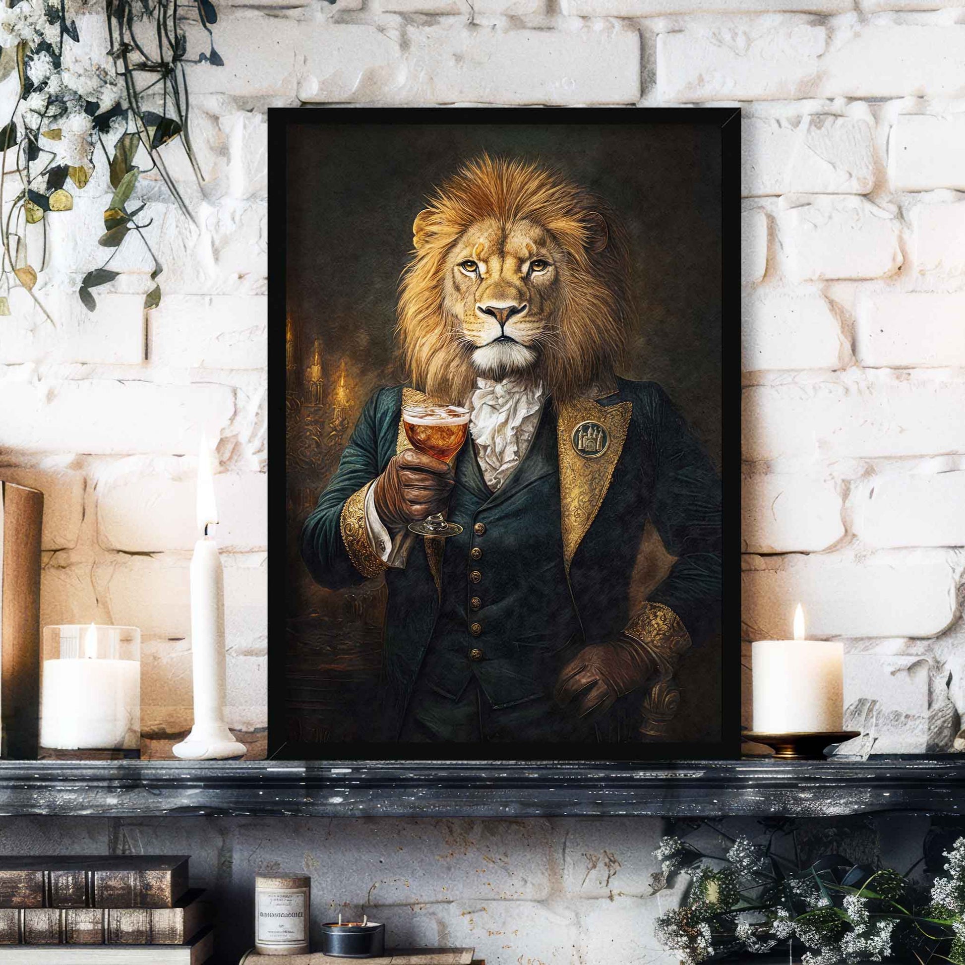 Lion Drinking Bourbon Wall Art Print Black Frame - Vintage Panda Designs