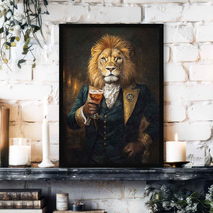 Lion Drinking Bourbon Wall Art Print Black Frame - Vintage Panda Designs