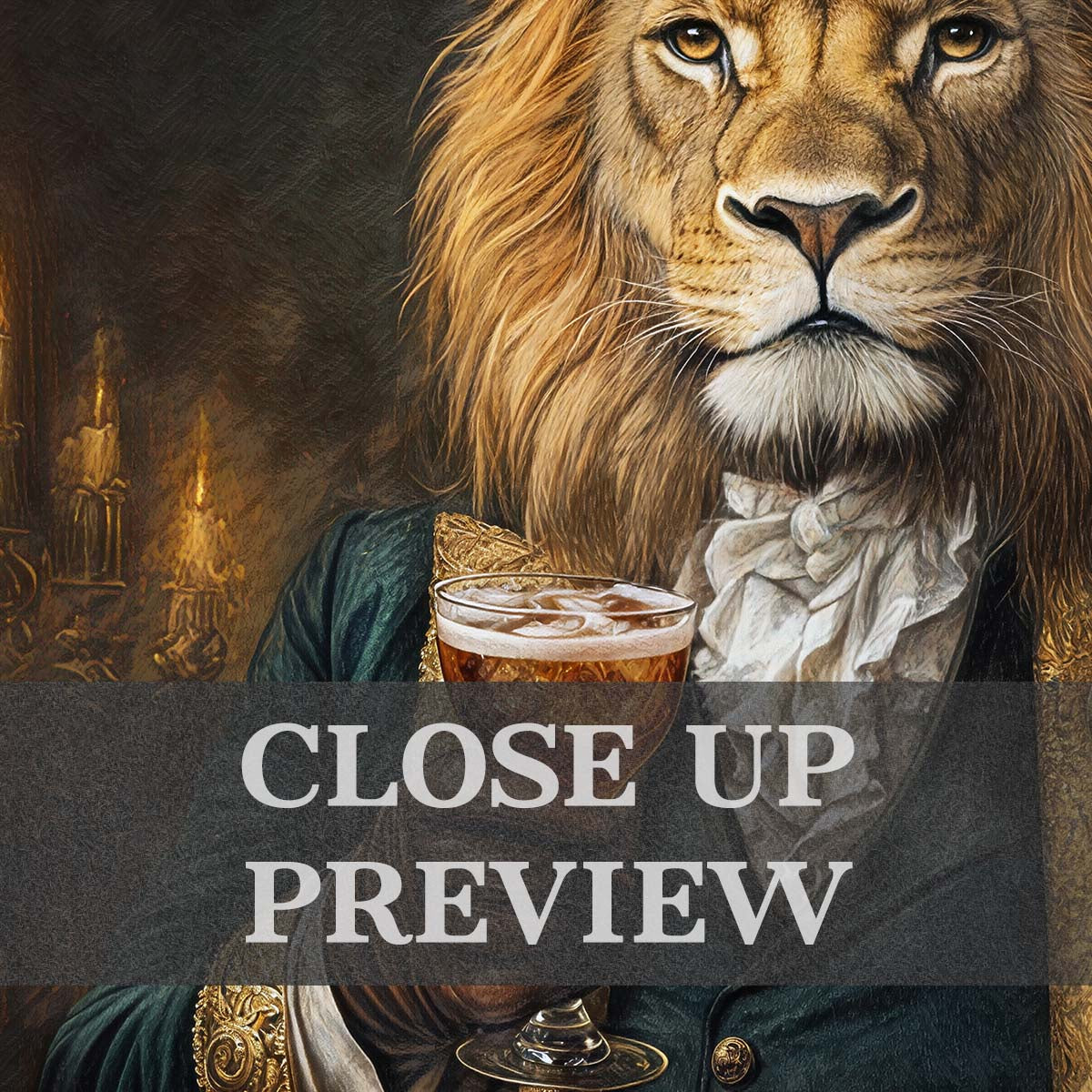 Lion Drinking Bourbon Wall Art Print Close Up - Vintage Panda Designs