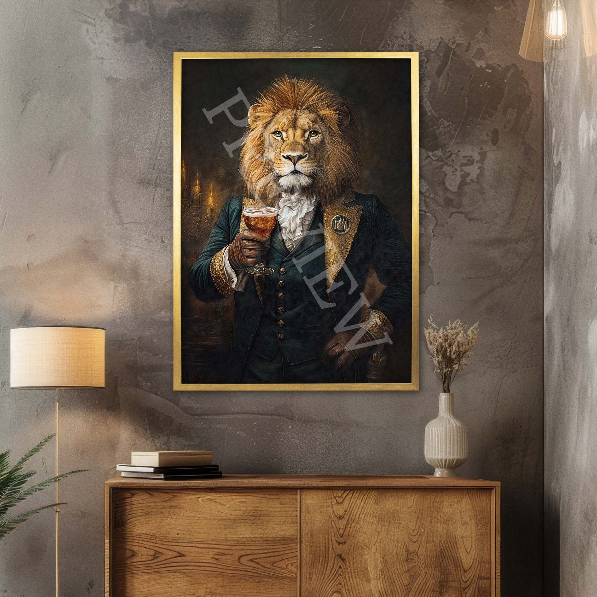 Lion Drinking Bourbon Wall Art Print Gold Frame - Vintage Panda Designs