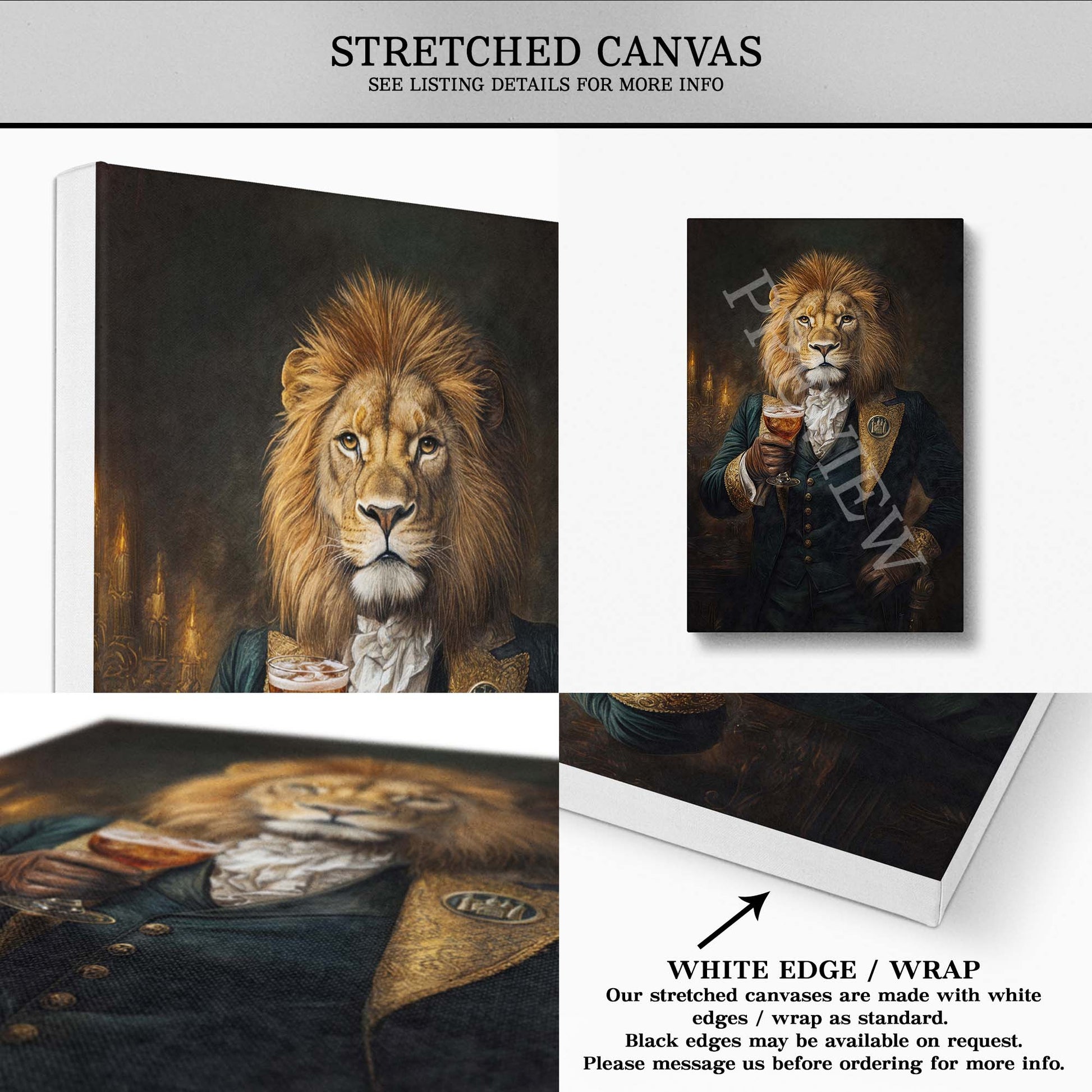 Lion Drinking Bourbon Wall Art Stretched Canvas - Vintage Panda Designs