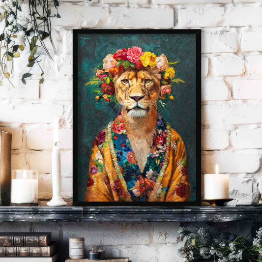 Lioness Floral Maximalist Wall Art Print Black Frame by Vintage Panda Designs