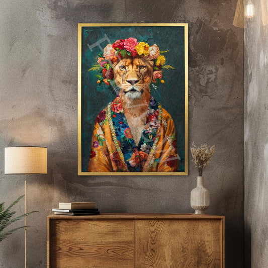 Lioness Floral Maximalist Wall Art Print Gold Frame by Vintage Panda Designs