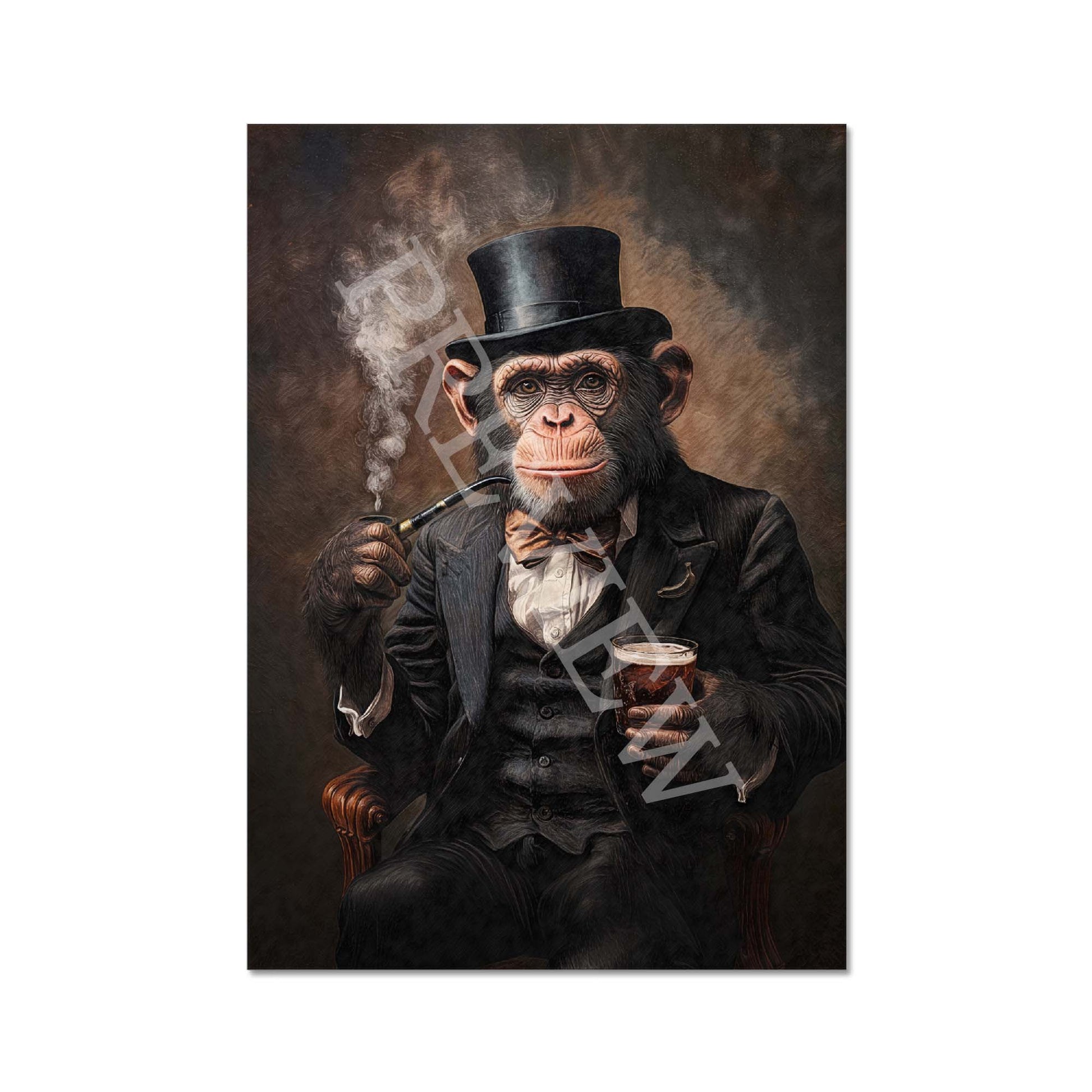 Monkey Drinking Whisky Smoking Pipe Print - Vintage Panda Designs