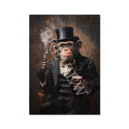 Monkey Drinking Whisky Smoking Pipe Print - Vintage Panda Designs