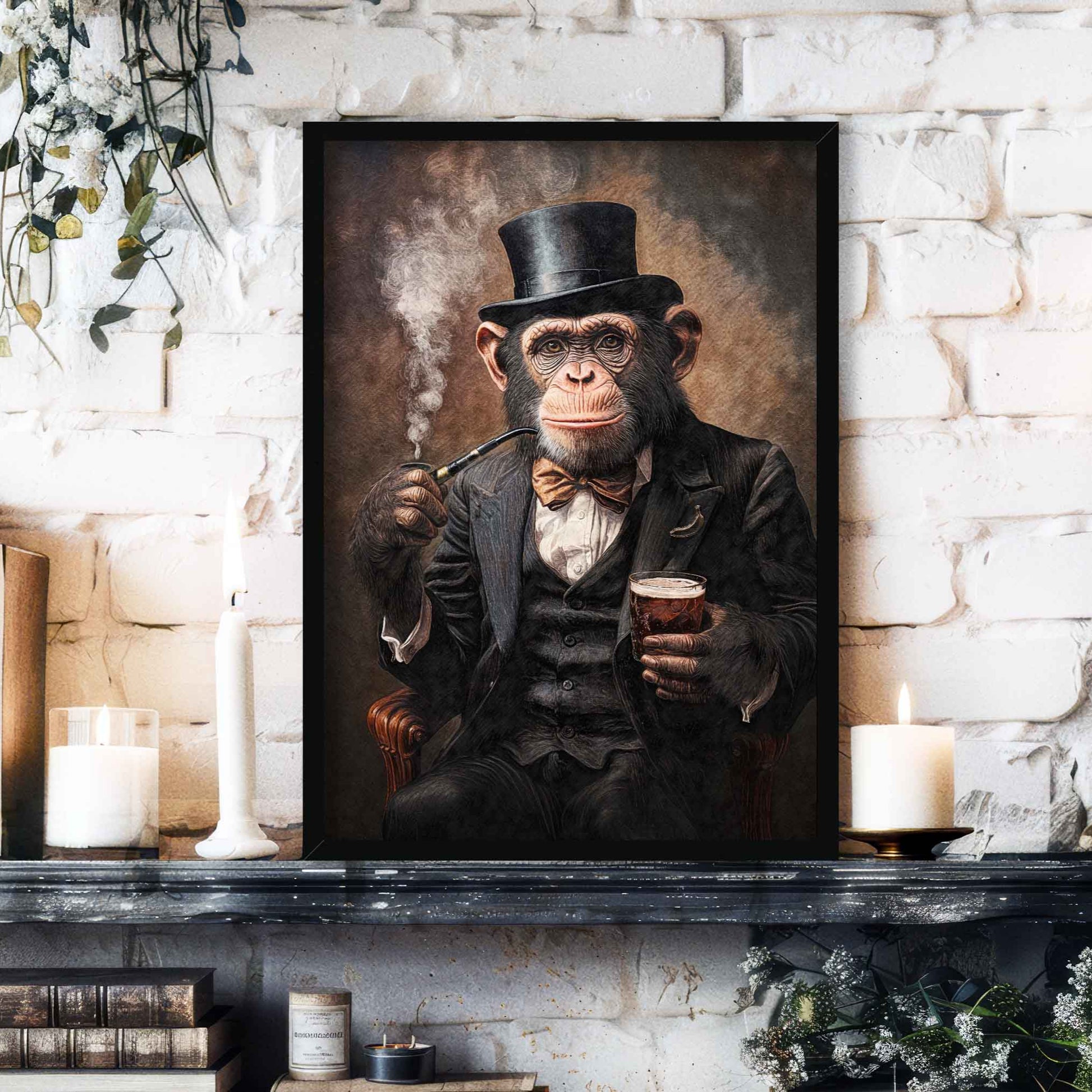 Monkey Drinking Whisky Smoking Pipe Print Black Frame - Vintage Panda Designs