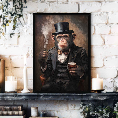 Monkey Drinking Whisky Smoking Pipe Print Black Frame - Vintage Panda Designs