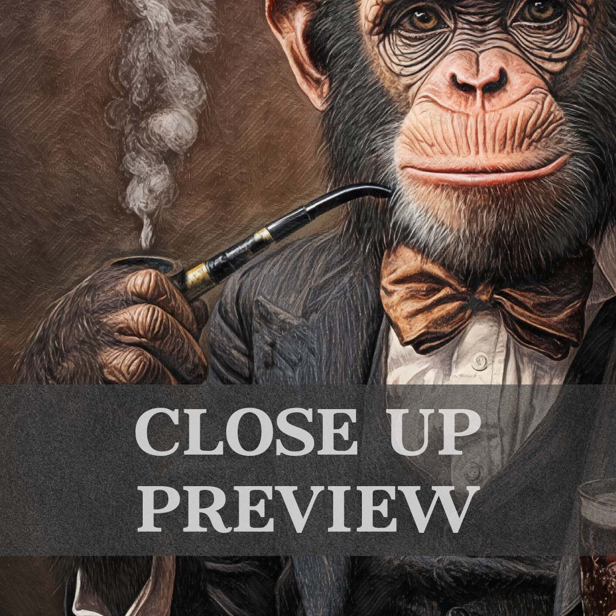 Monkey Drinking Whisky Smoking Pipe Print Close Up - Vintage Panda Designs