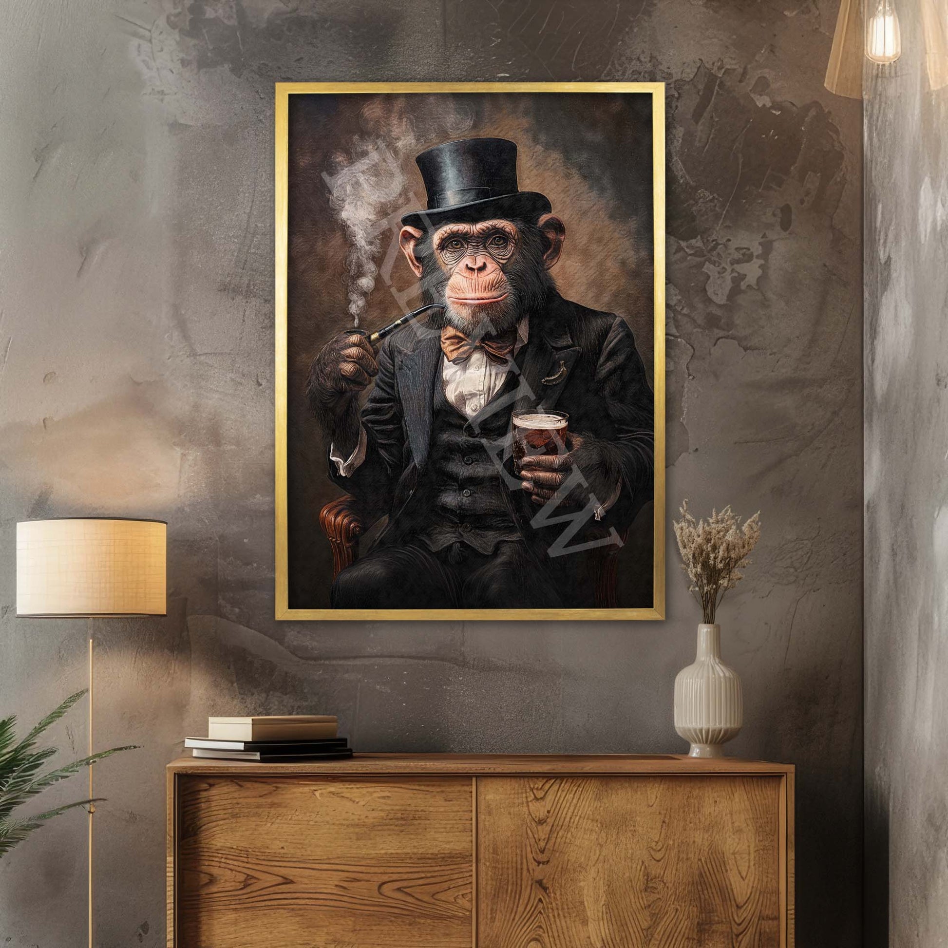 Monkey Drinking Whisky Smoking Pipe Print Gold Frame - Vintage Panda Designs
