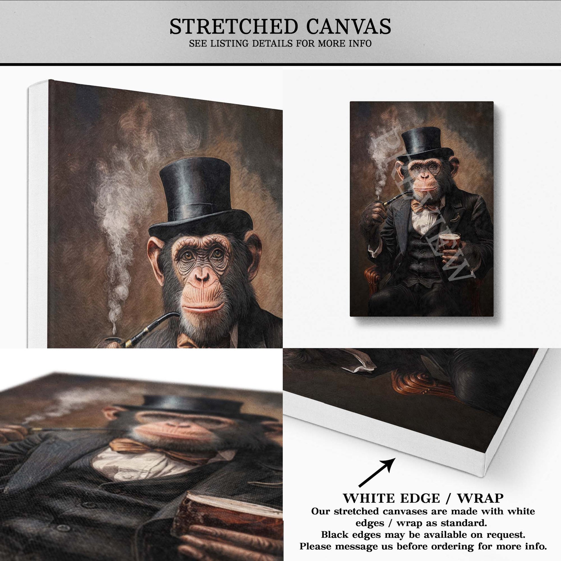 Monkey Drinking Whisky Smoking Pipe Stretched Canvas - Vintage Panda Designs