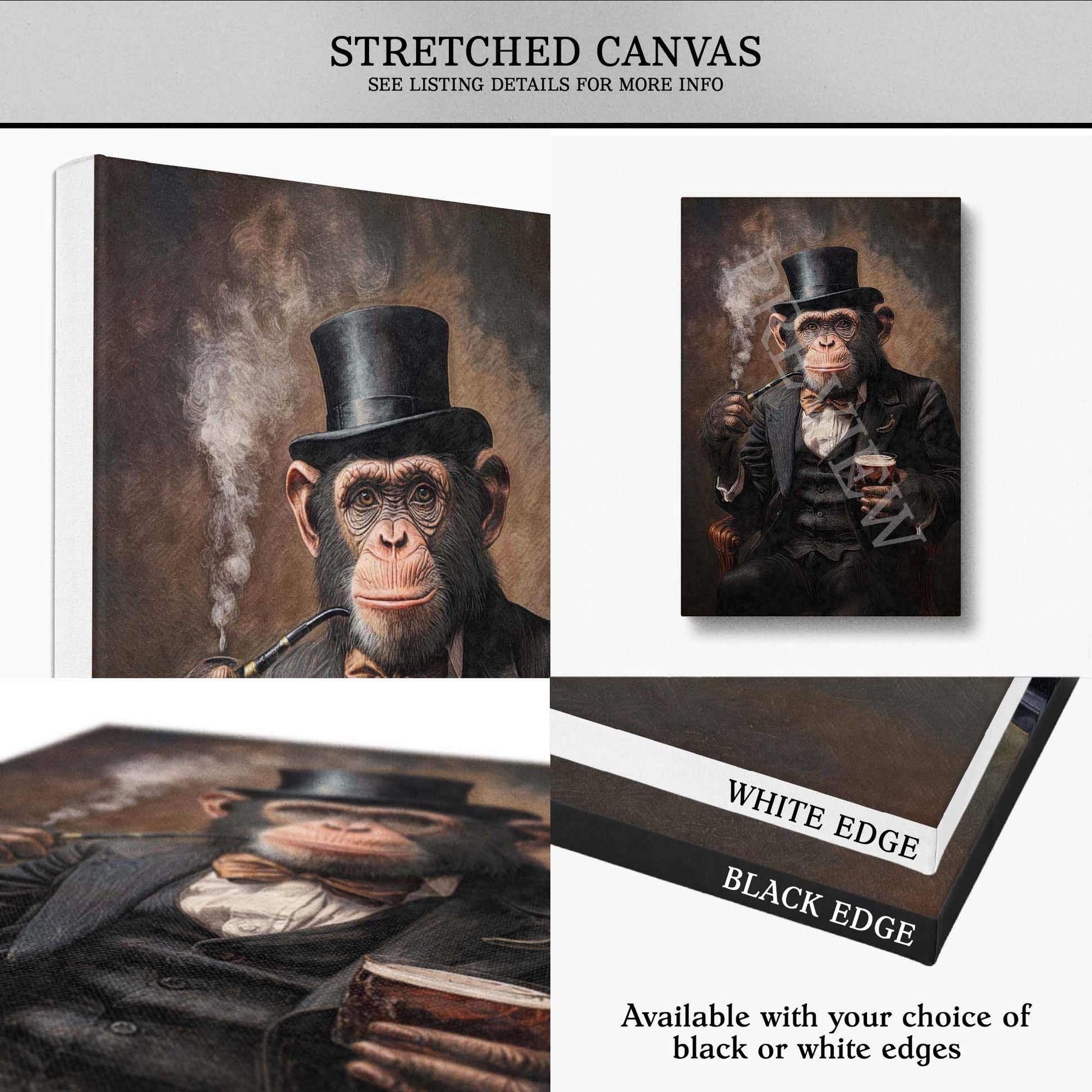 stretched canvas print of a monkey with a pipe and whisky with black or white edge options