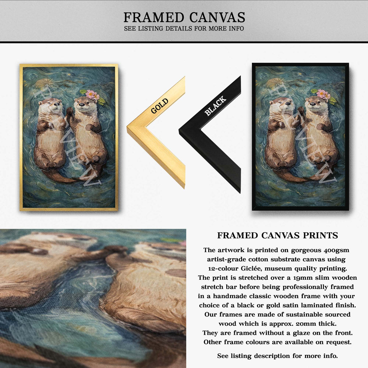 Framed canvas art print featuring a painted otter scene, shown with a gold frame and a black frame on a white background, with text describing the canvas print and frame options.