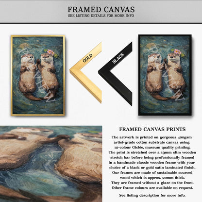 Framed canvas art print featuring a painted otter scene, shown with a gold frame and a black frame on a white background, with text describing the canvas print and frame options.