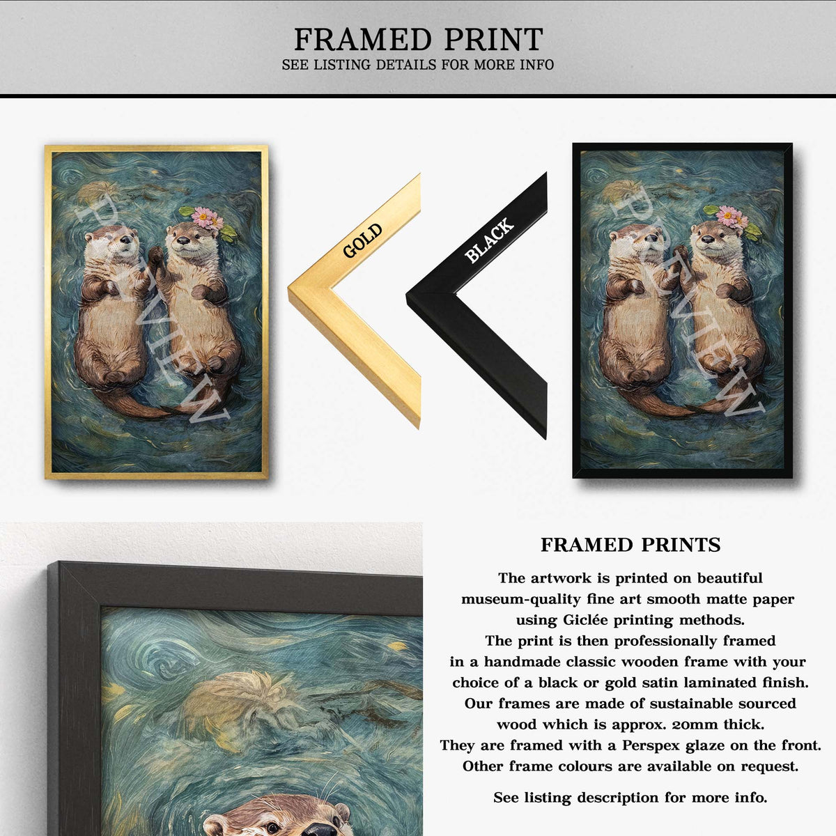 Framed art print listing showing a painted scene of two otters holding hands, presented in a gold and black wooden frame option on a white background with descriptive text.
