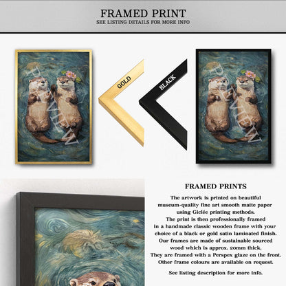 Framed art print listing showing a painted scene of two otters holding hands, presented in a gold and black wooden frame option on a white background with descriptive text.