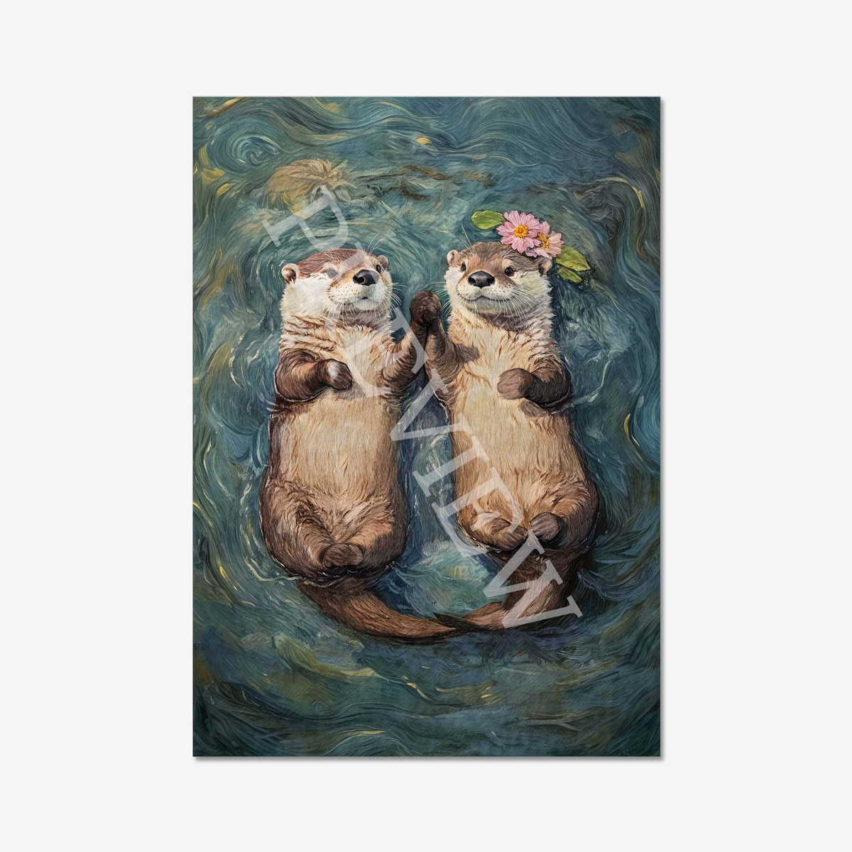 A vertical canvas art print featuring a stylized painting of two otters holding hands floating in swirling blue-green water, with one otter wearing a pink flower crown. The print is shown against a light gray background.