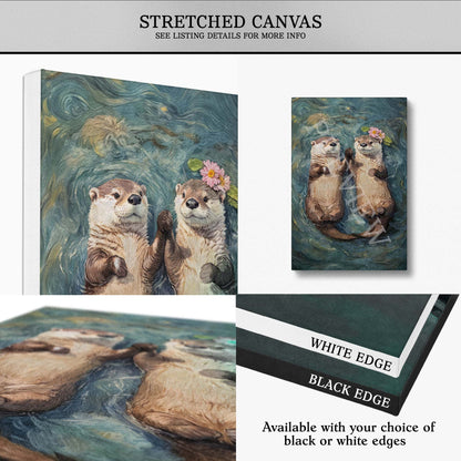 Stretched canvas wall art showing an oil-painted style illustration of two otters in blue water, with text noting stretched canvas format and available black or white edges.