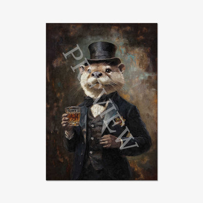 Otter Drinking Whisky Print by Vintage Panda Designs