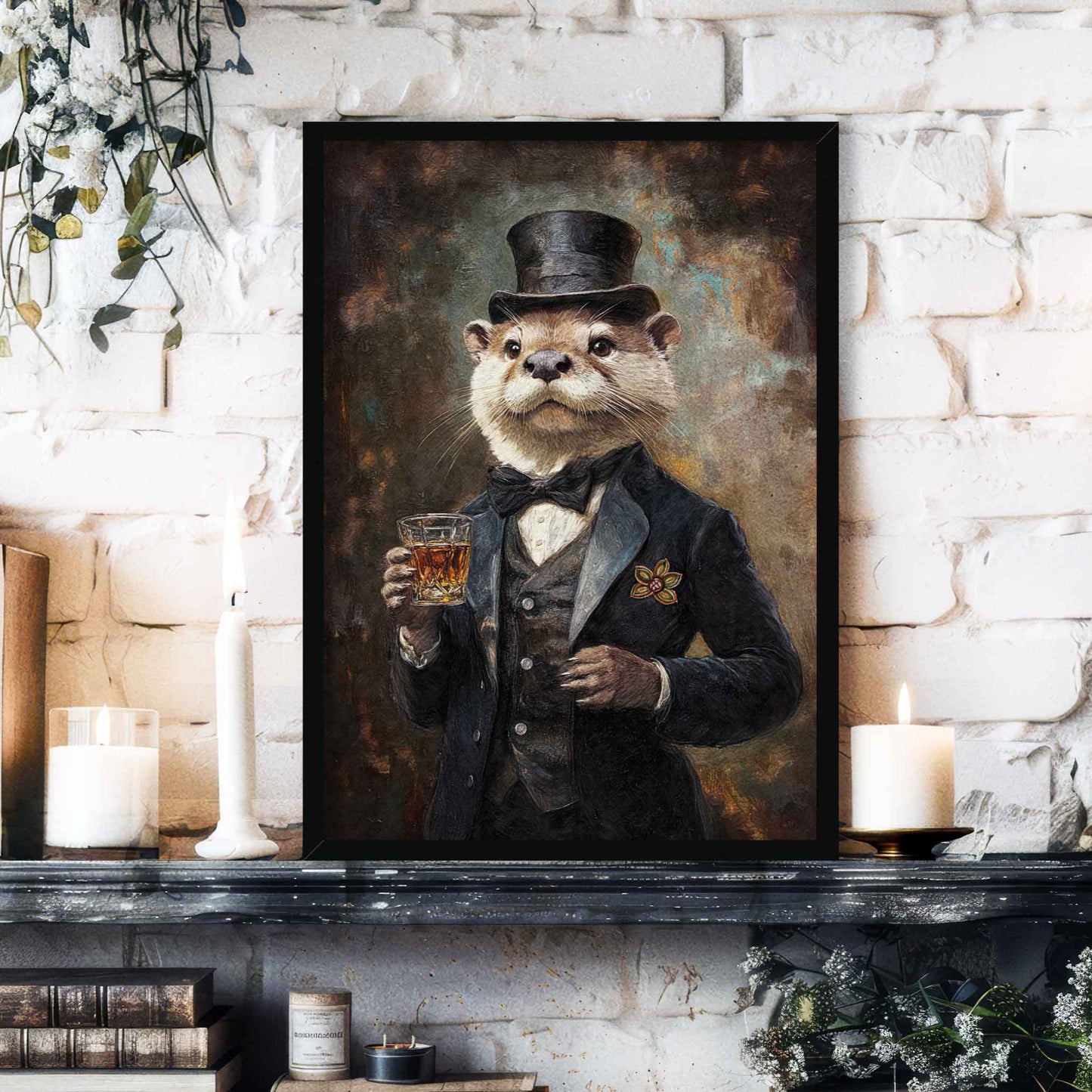 Otter Drinking Whisky Print in Black Frame by Vintage Panda Designs
