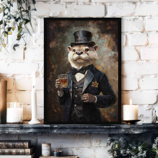 Otter Drinking Whisky Print in Black Frame by Vintage Panda Designs