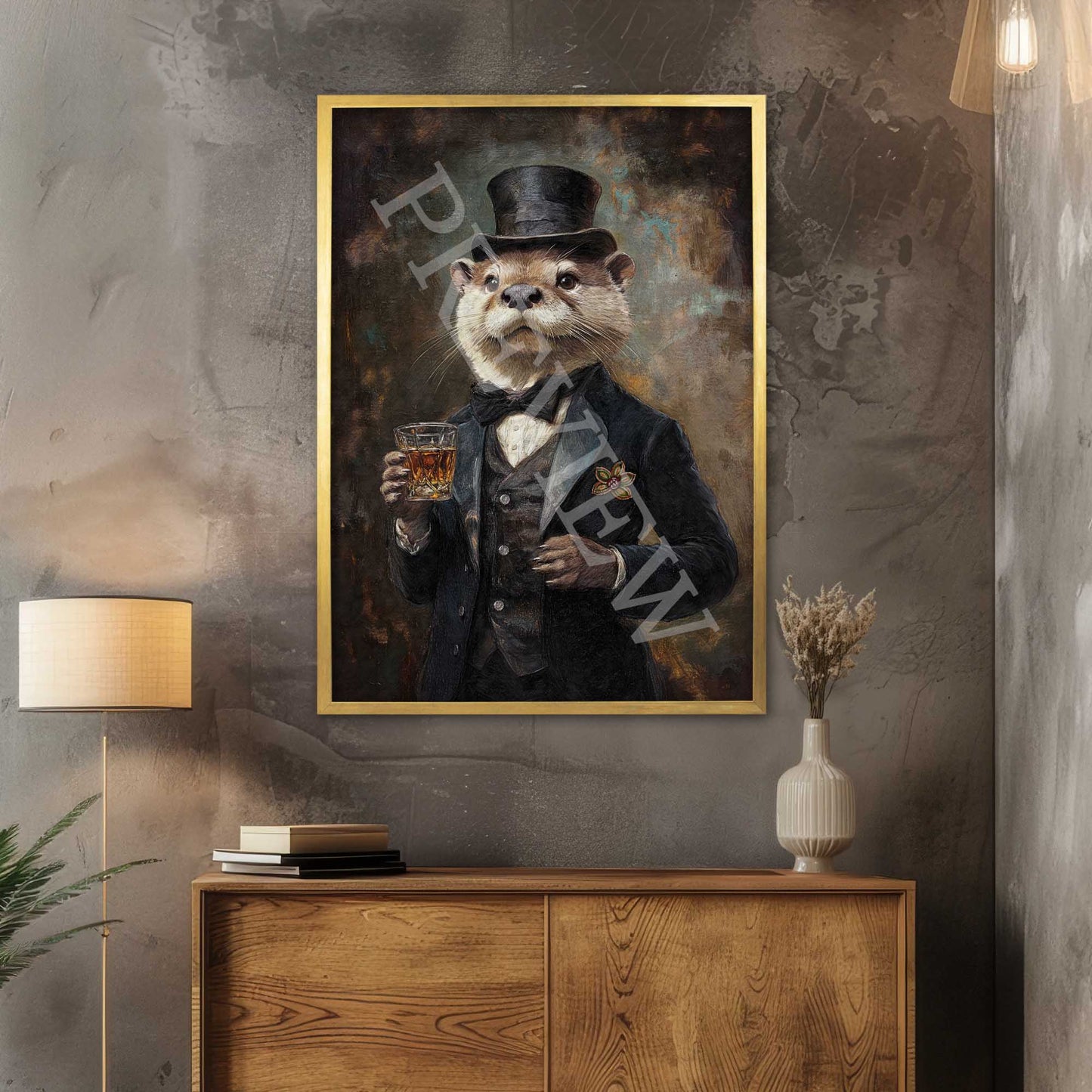 Otter Drinking Whisky Print in Gold Frame by Vintage Panda Designs