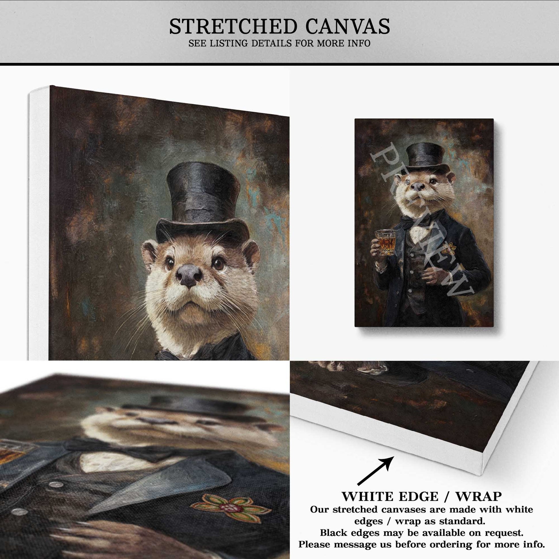 Otter Drinking Whisky Stretched Canvas by Vintage Panda Designs