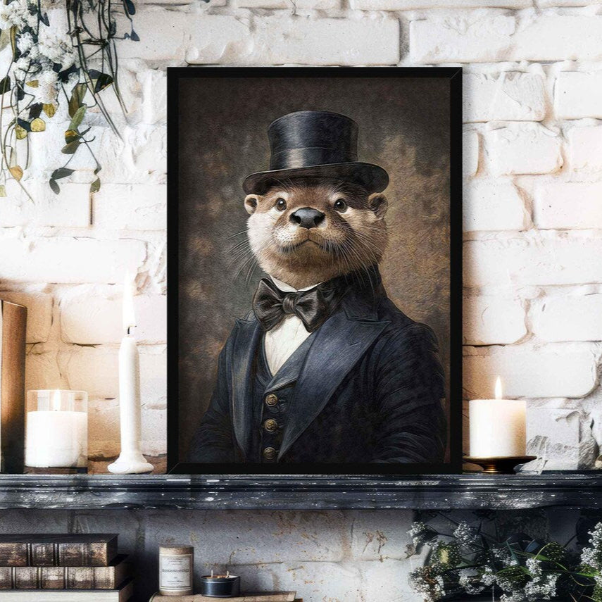 Otter Gentleman Portrait Black Frame by Vintage Panda Designs