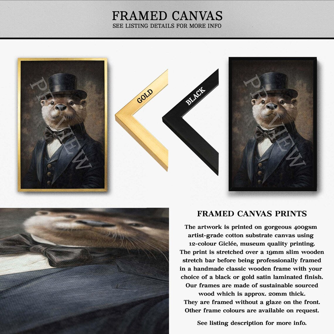 Otter Gentleman Portrait Framed Canvas by Vintage Panda Designs