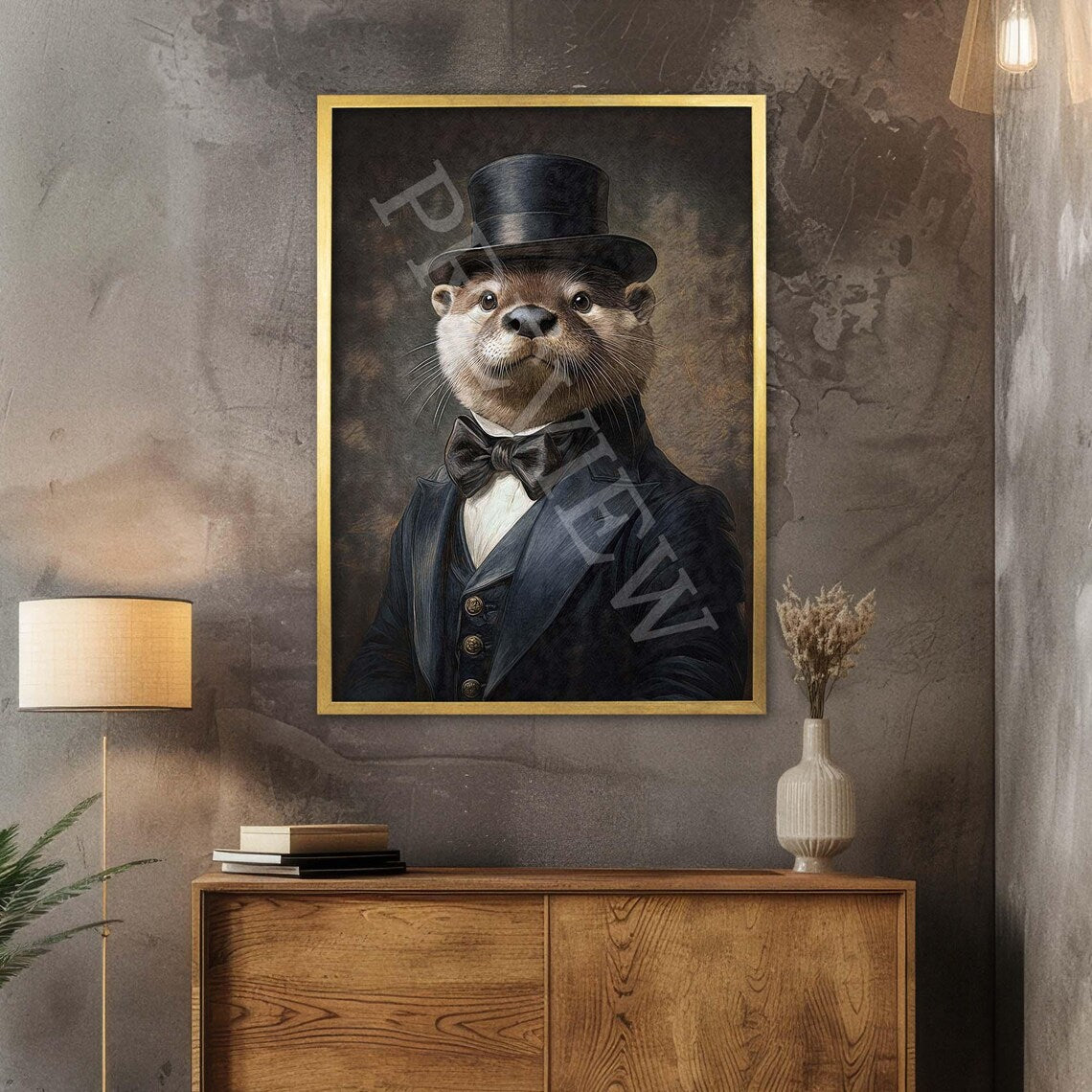 Otter Gentleman Portrait Gold Frame by Vintage Panda Designs