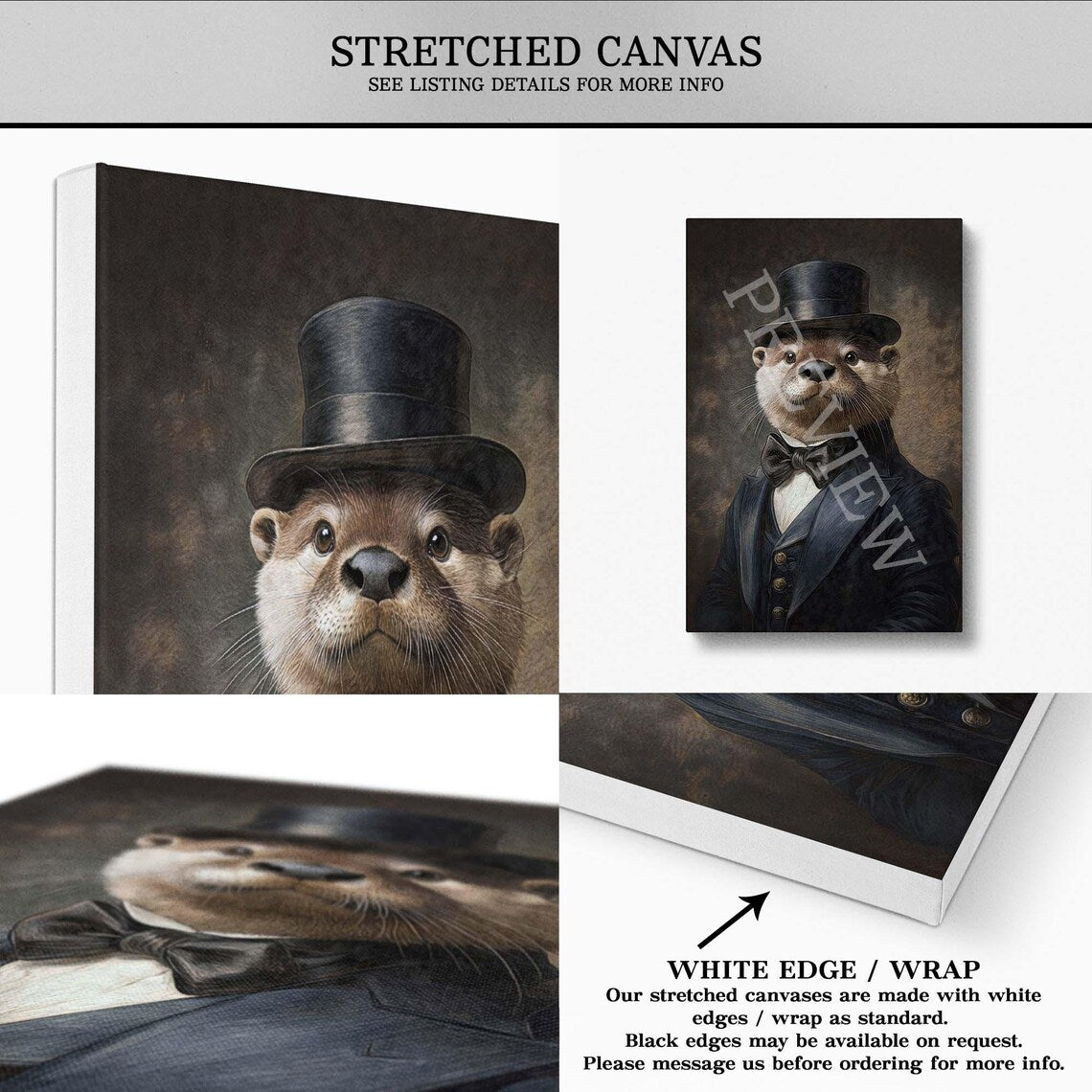 Otter Gentleman Portrait Stretched Canvas by Vintage Panda Designs