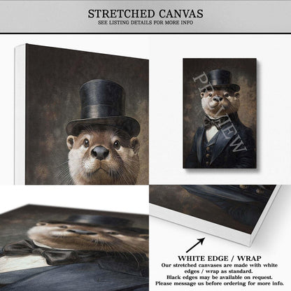 Otter Gentleman Portrait Stretched Canvas by Vintage Panda Designs