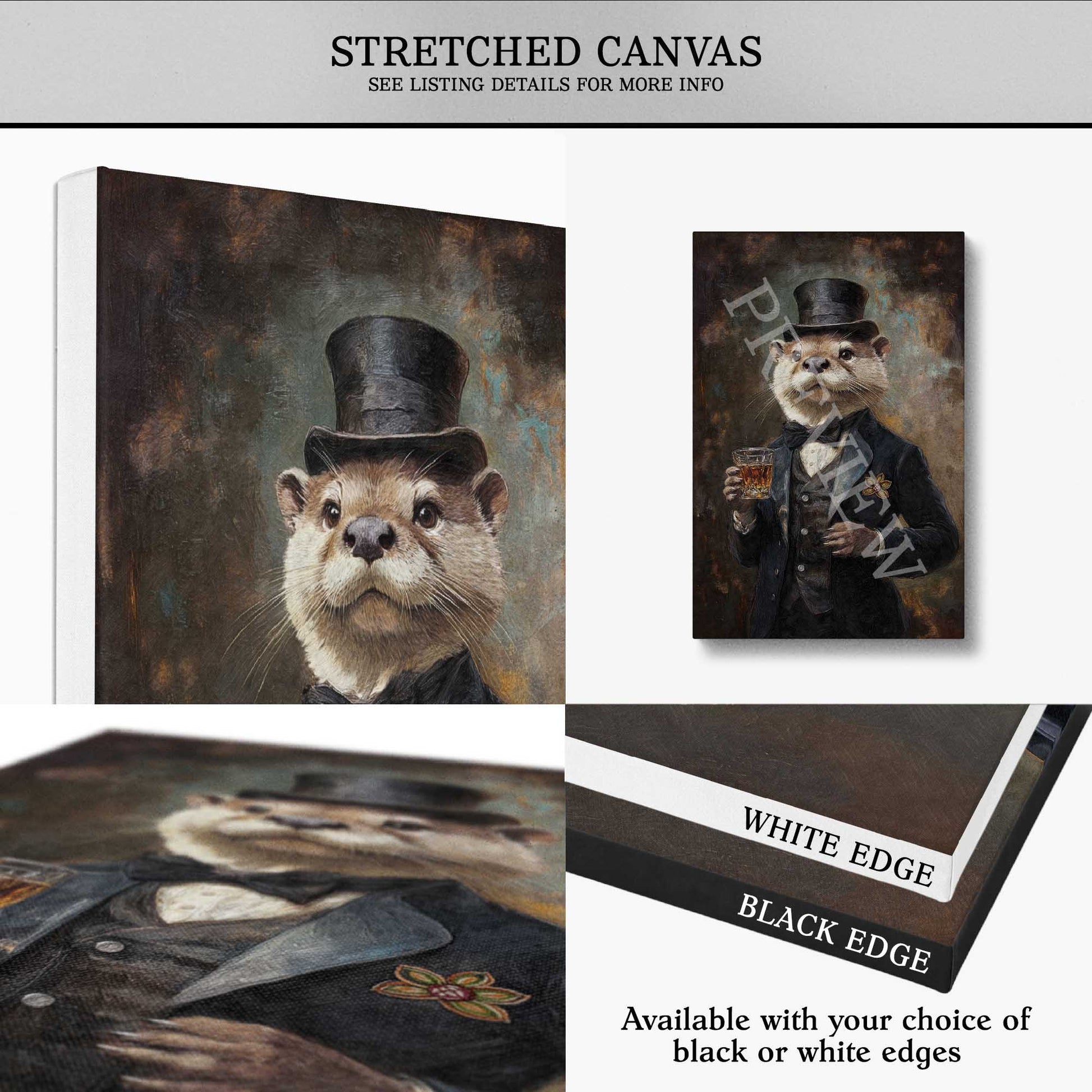 stretched canvas featuring art of an otter gentleman with a glass of whisk. available with black or white edges