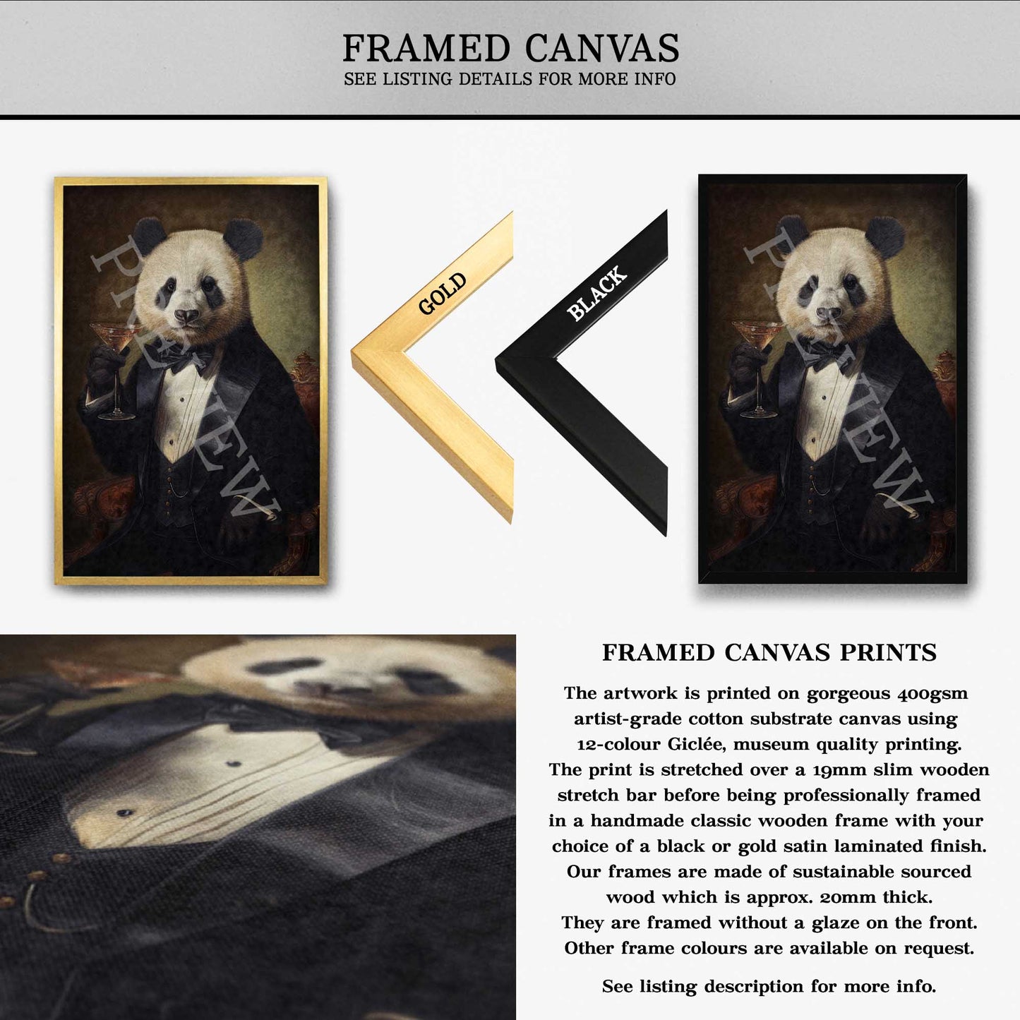 Panda Drinking Cocktail Framed Canvas - Vintage Panda Designs