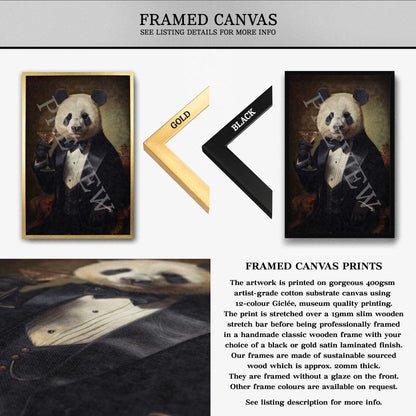 Panda Drinking Cocktail Framed Canvas - Vintage Panda Designs