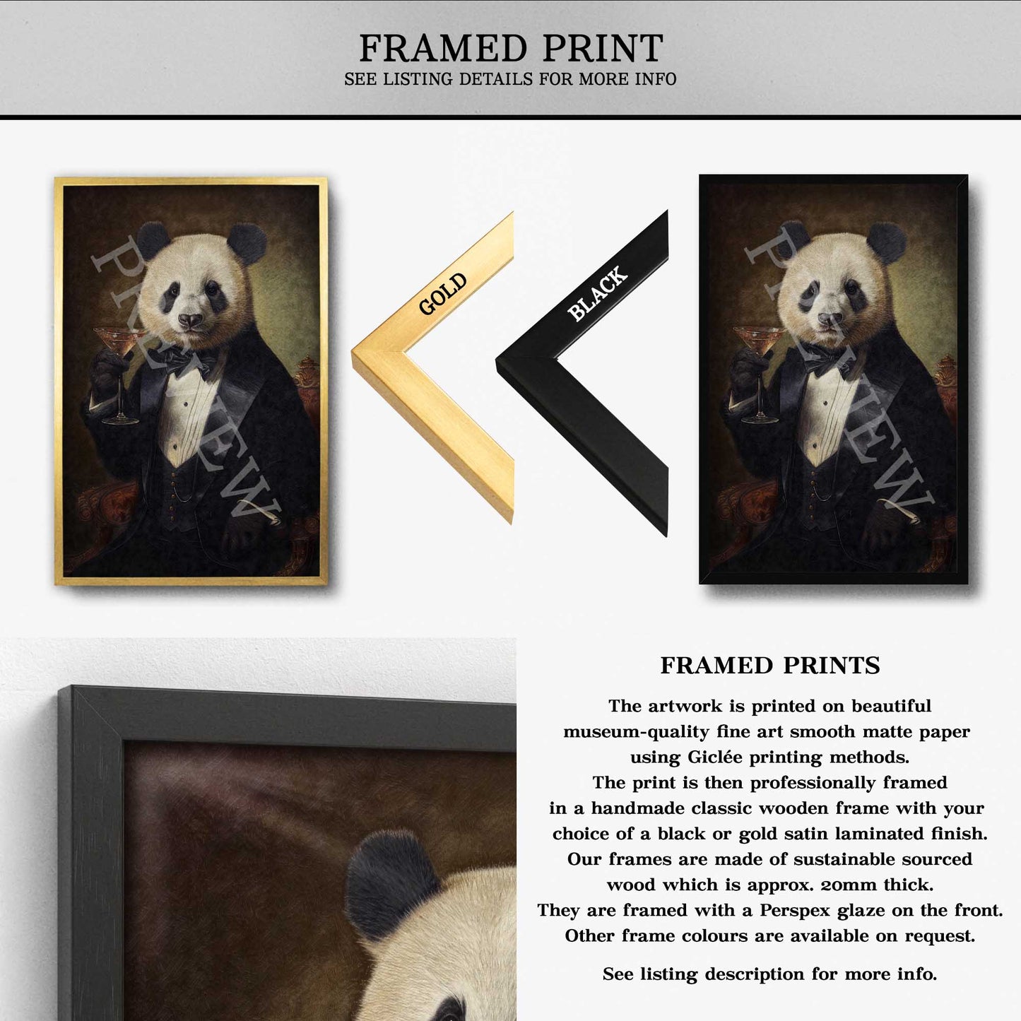 Panda Drinking Cocktail Framed Print - Vintage Panda Designs