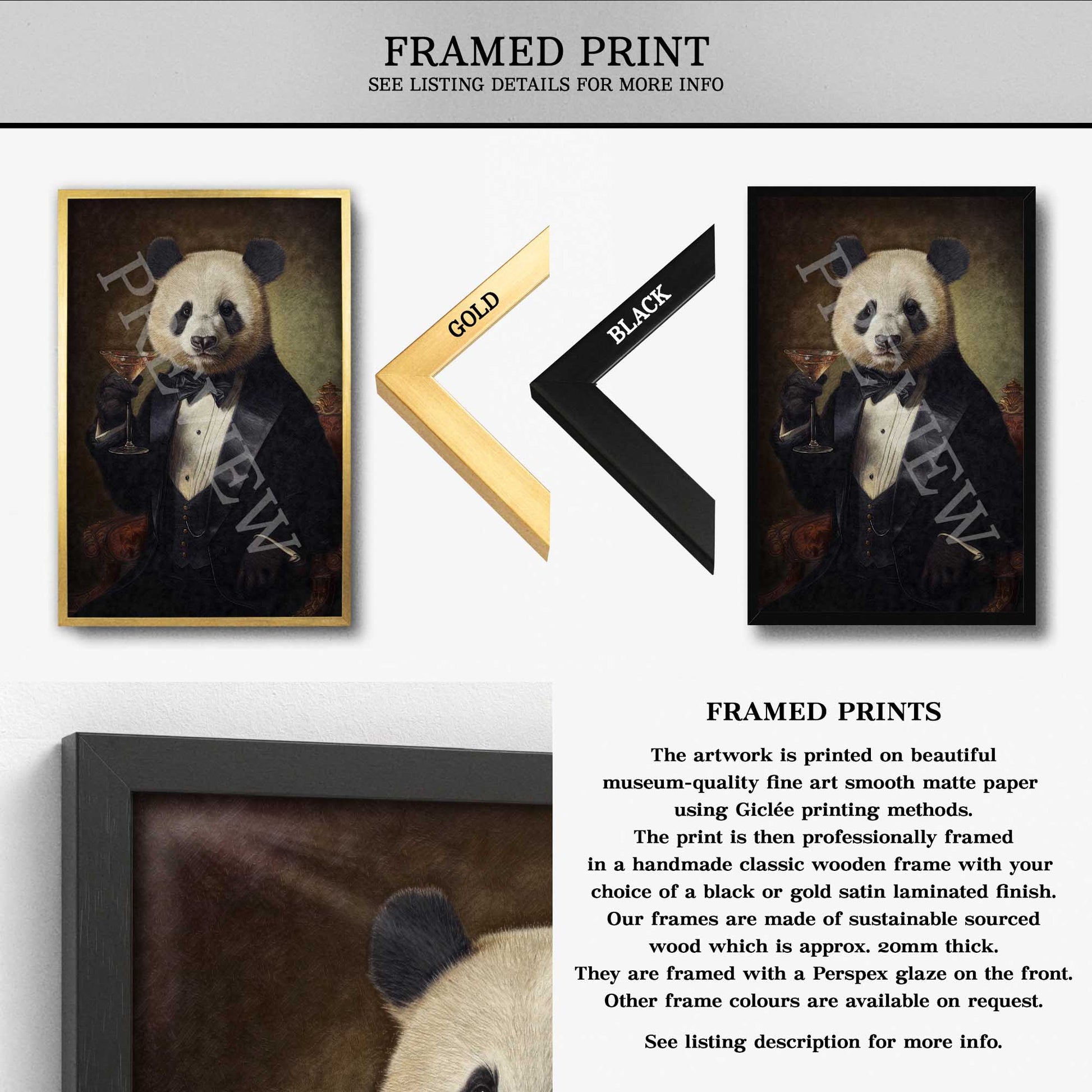 Panda Drinking Cocktail Framed Print - Vintage Panda Designs