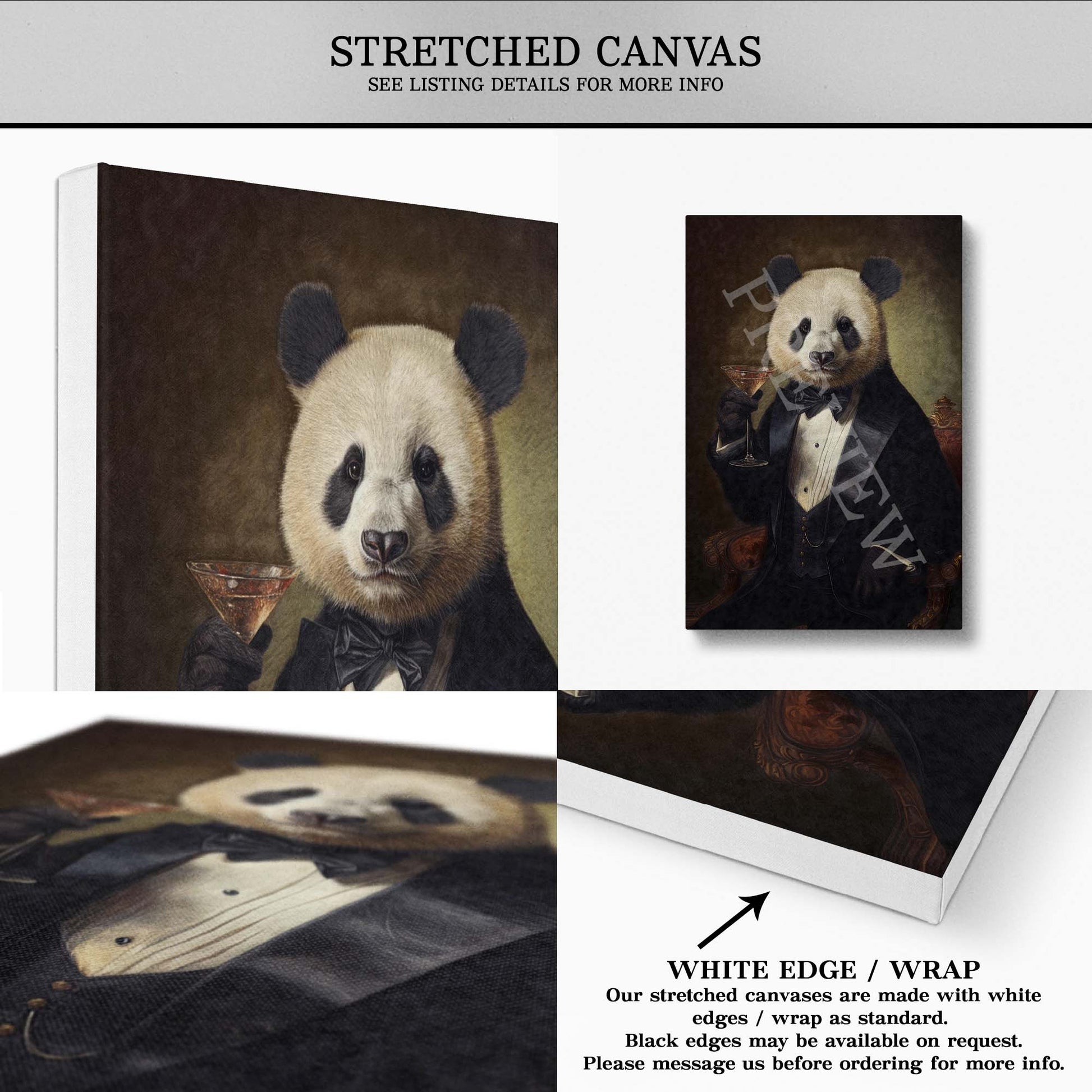 Panda Drinking Cocktail Stretched Canvas - Vintage Panda Designs