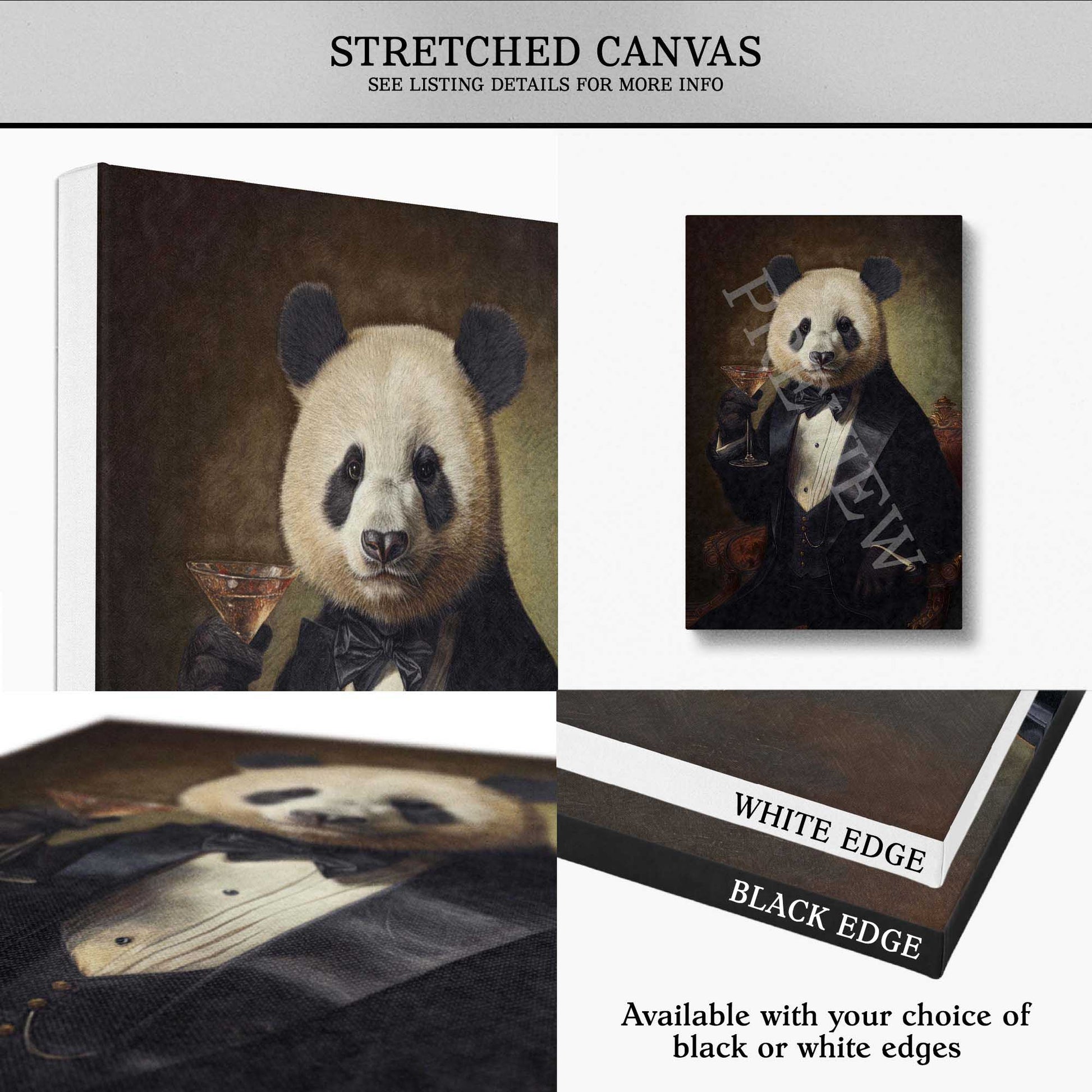 A collage showing a custom canvas print of a panda dressed in a tuxedo and holding a cocktail, with text indicating stretched canvas options and white or black edge choices.