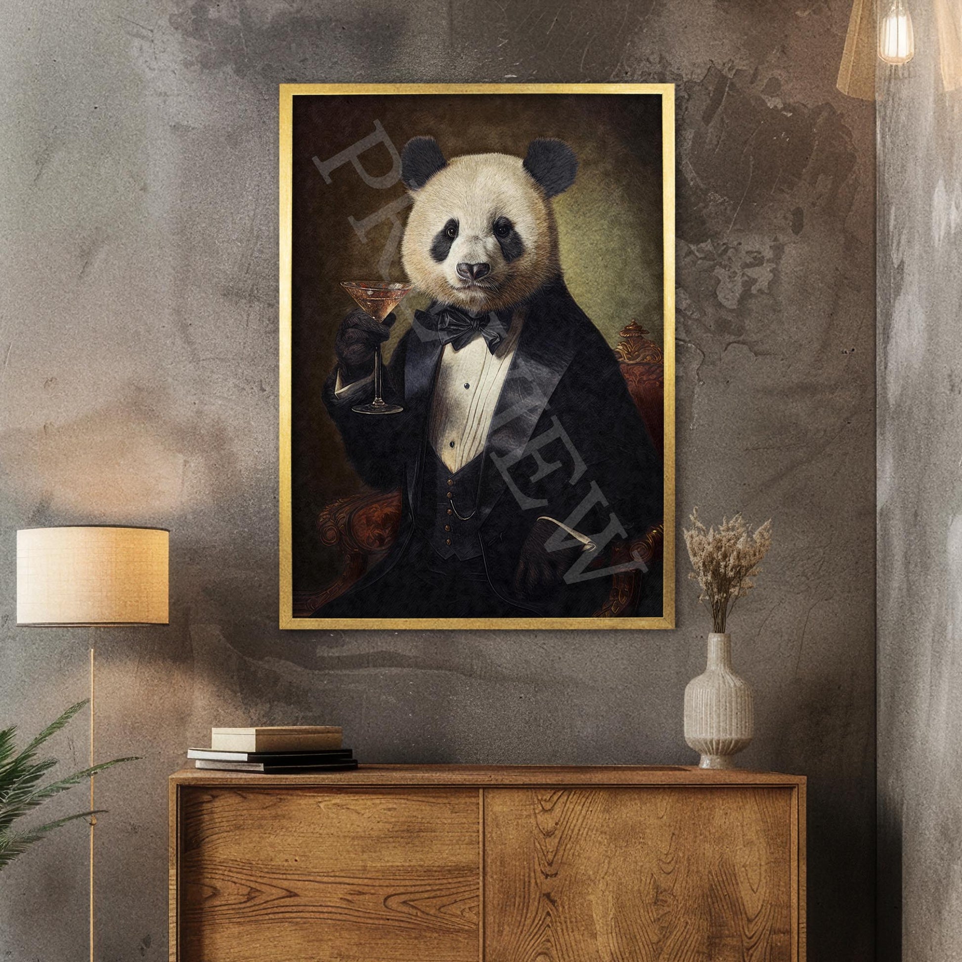Panda_with_Cocktail_Gold_Frame_-_Vintage_Panda_Designs