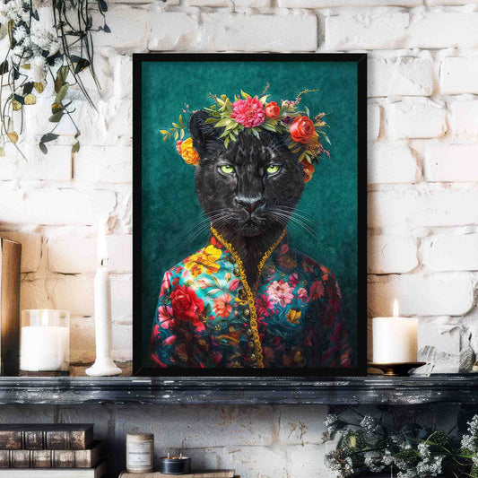 Panther Floral Maximalist Wall Art Print Black Frame by Vintage Panda Designs