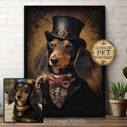 Personalised per portrait of an artistic portrait of a dog in a top hat with decorative elements on a wooden surface.