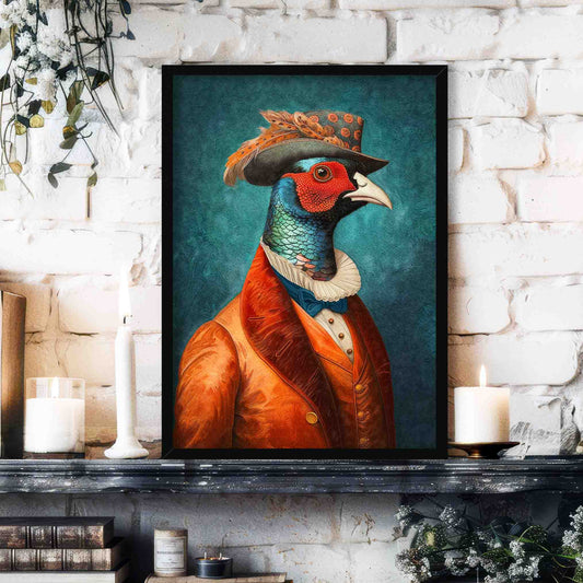 Pheasant Gentleman Portrait Wall Art Print Black Frame by Vintage Panda Designs