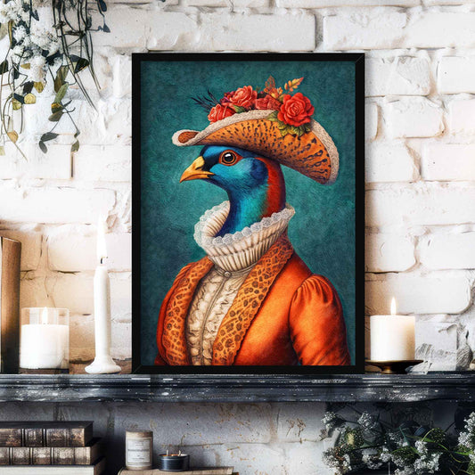 Pheasant Lady Portrait Wall Art Print Black Frame by Vintage Panda Designs