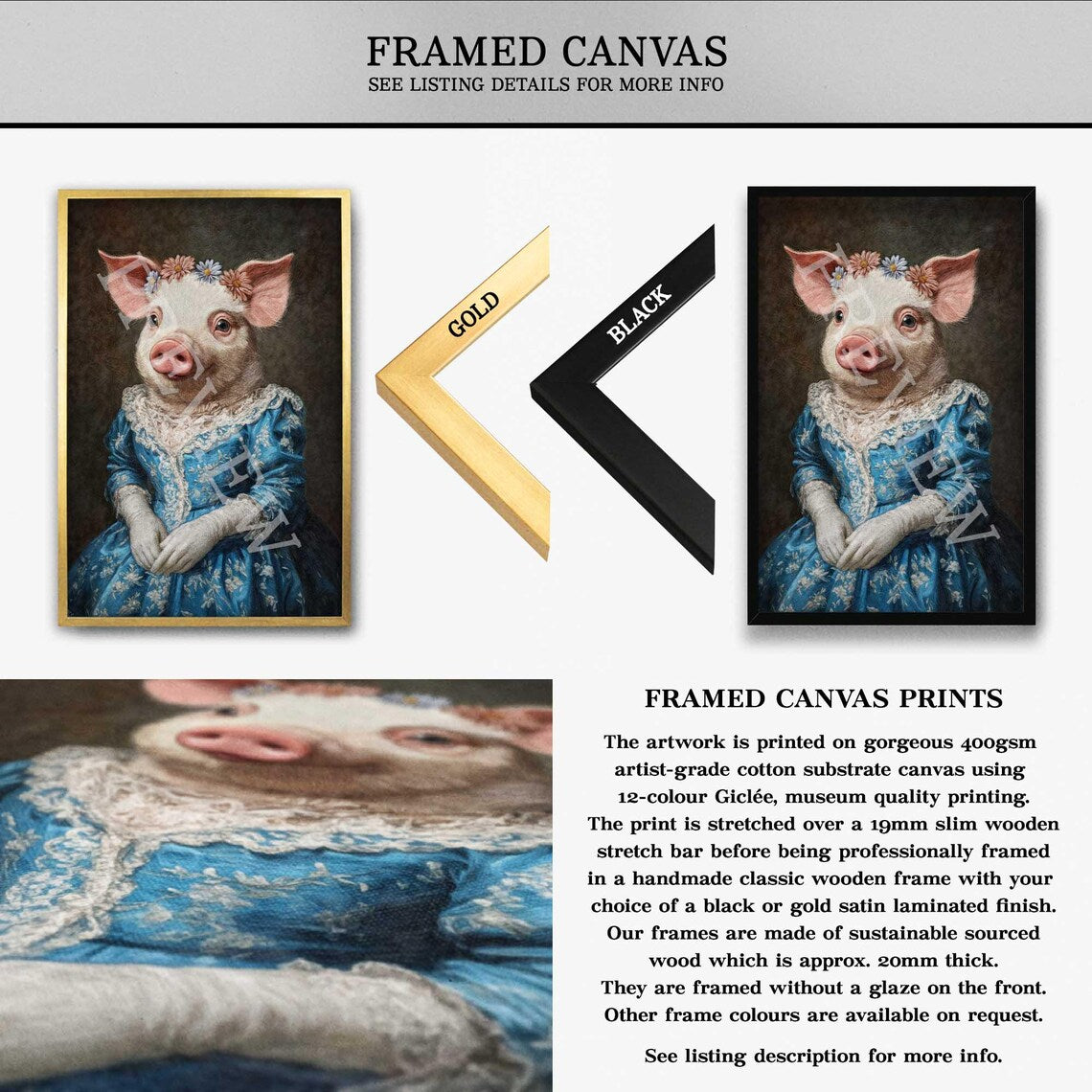 Pig Queen Portrait Wall Art Framed Canvas by Vintage Panda Designs