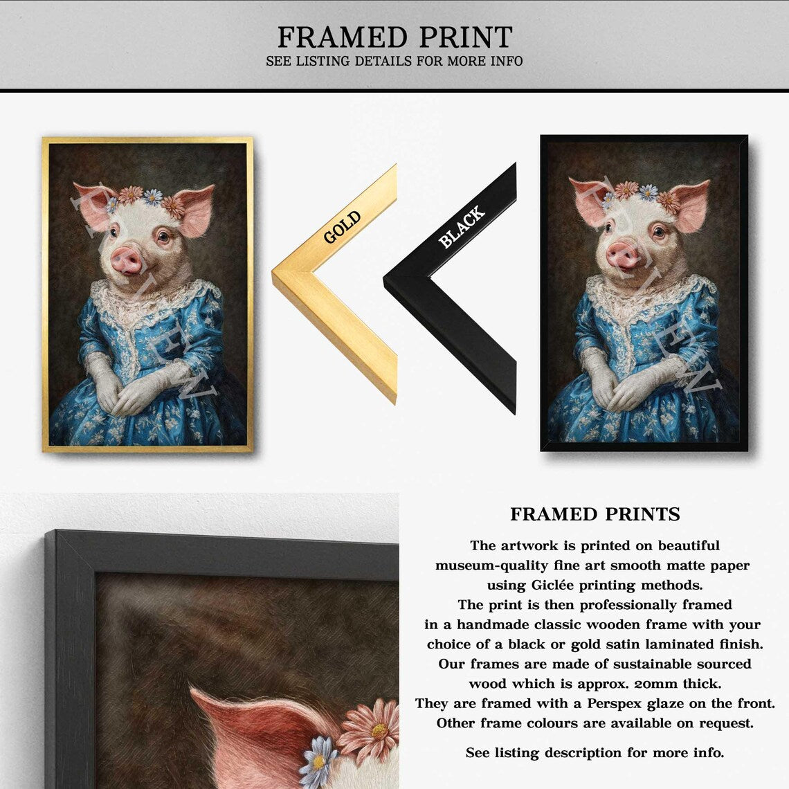 Pig Queen Portrait Wall Art Framed Print by Vintage Panda Designs