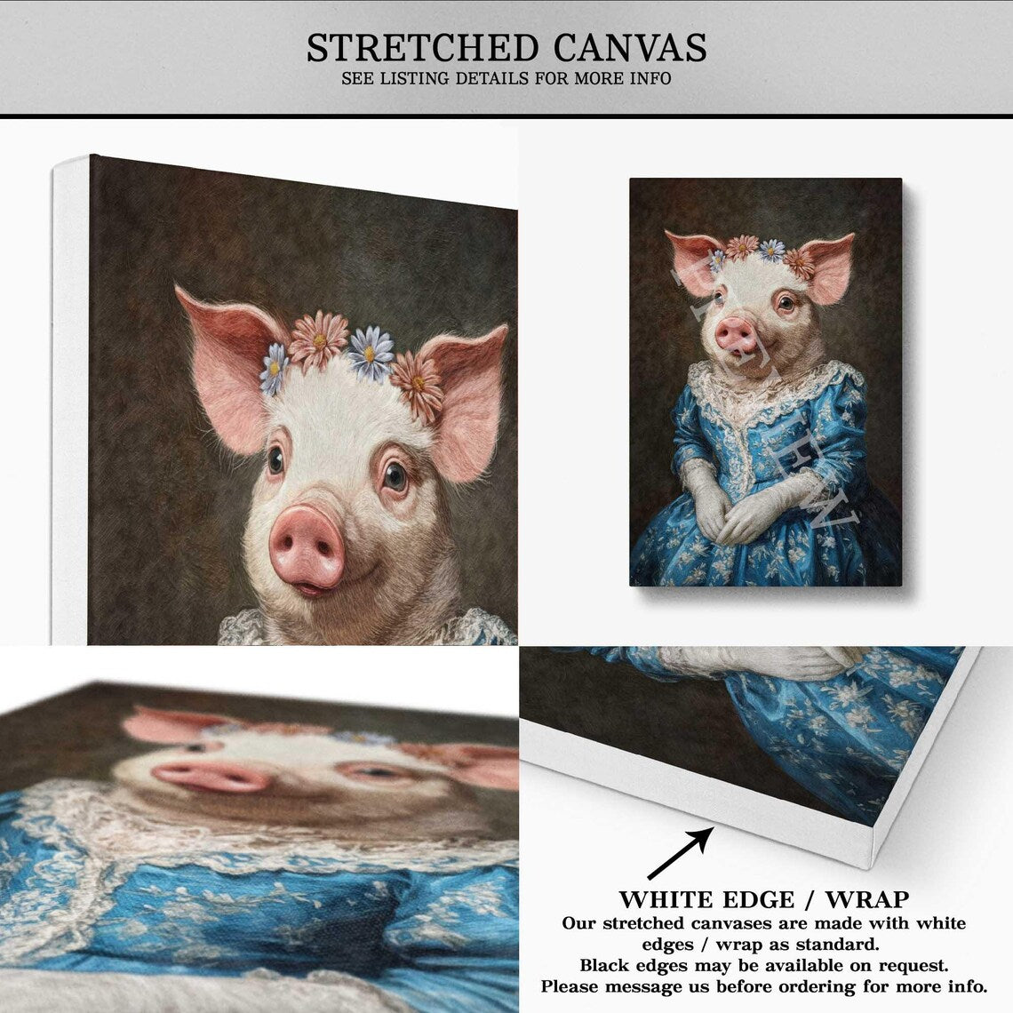 Pig Queen Portrait Wall Art Stretched Canvas by Vintage Panda Designs
